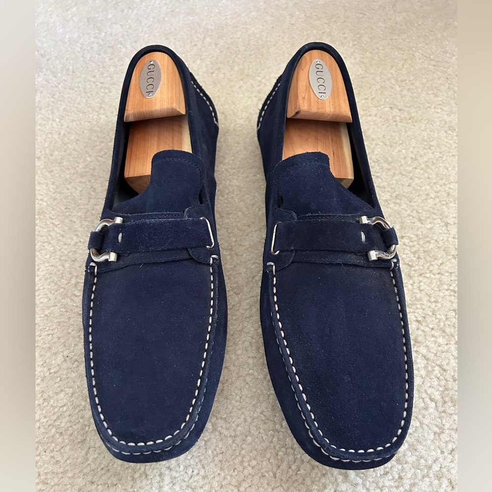 Ferragamo Navy Blue Suede Driver Loafer with Gancini Ornament